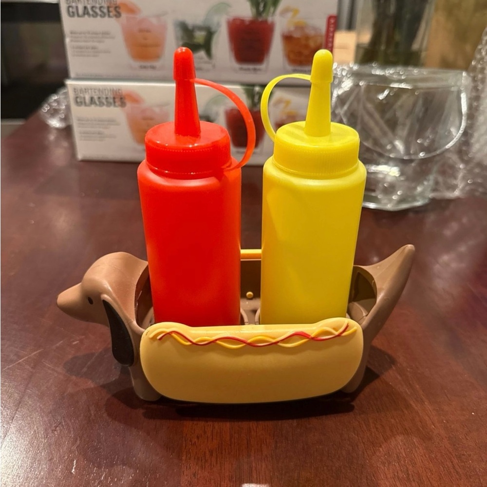 Hot Dog/ Dachshund Condiment Holder with Red and Yellow Bottles
